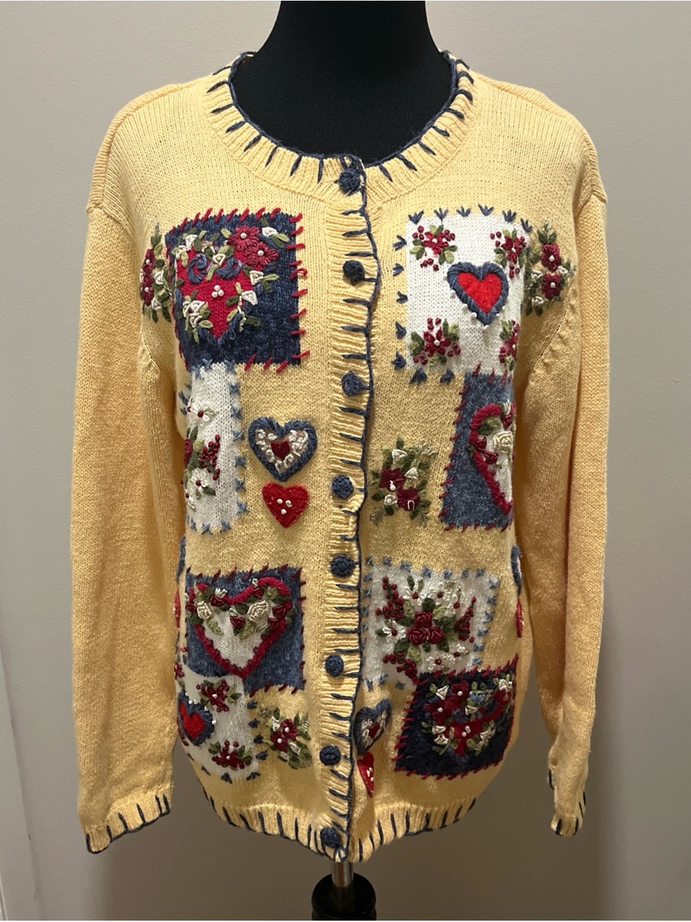 Valentines Vintage Heirloom Collectibles Cardigan Patchwork Heart Knit Sz M